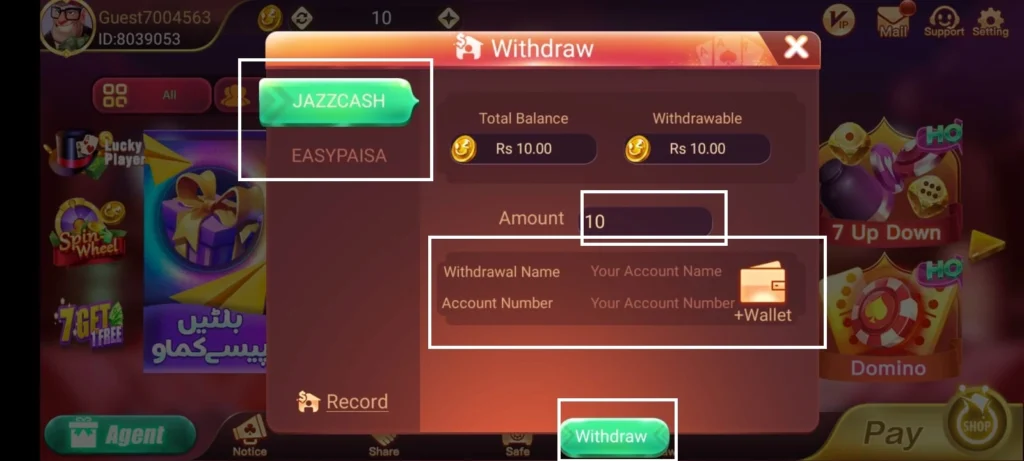Withdraw money on Flying Chess Pro