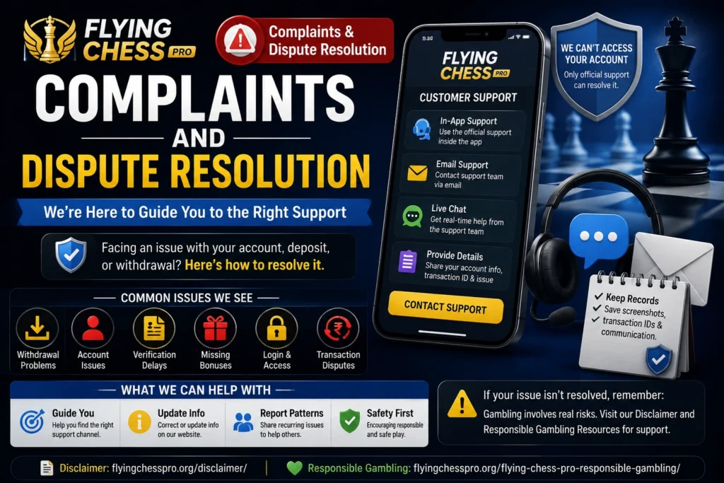 Flying Chess Pro complaints guide showing dispute resolution steps, customer support options, account issues, and withdrawal problem assistance.