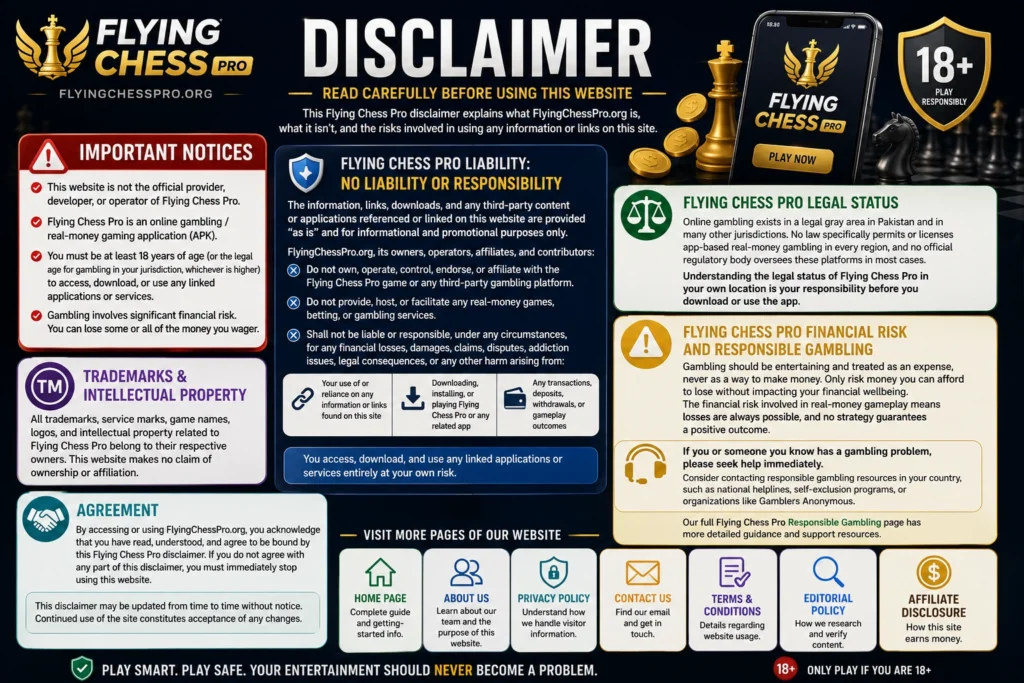 Flying Chess Pro disclaimer page explaining legal status, liability, financial risks, responsible gambling, and important website notices.