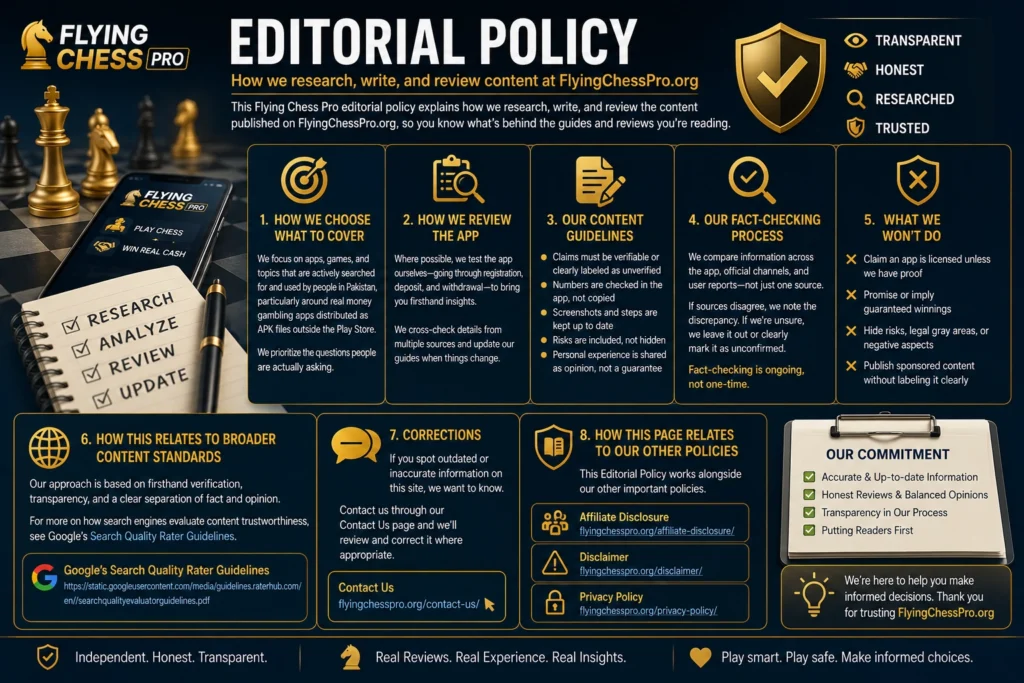 Infographic illustrating the Flying Chess Pro Editorial Policy with sections on research, app reviews, fact-checking, content guidelines, corrections, and transparency, alongside chess-themed graphics and a smartphone displaying the Flying Chess Pro app.