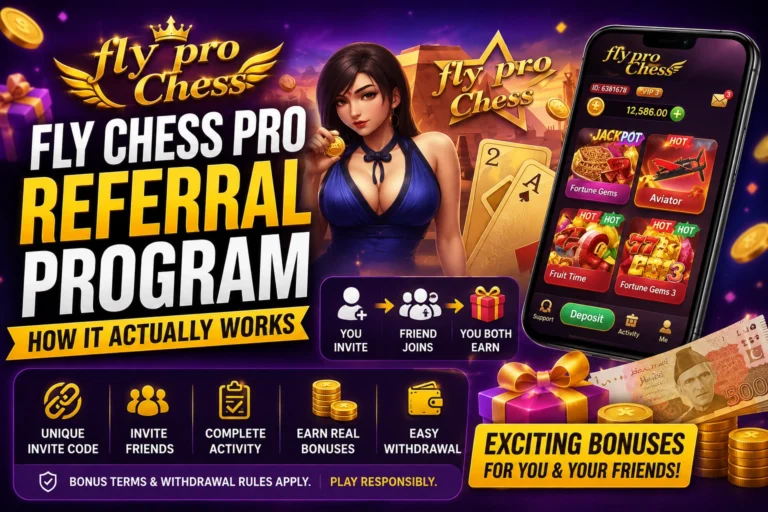 Flying Chess Pro Referral Program featured image showing a mobile app referral screen, invite code, bonus rewards, gift boxes, coins, and Pakistani currency with the text "How It Actually Works."