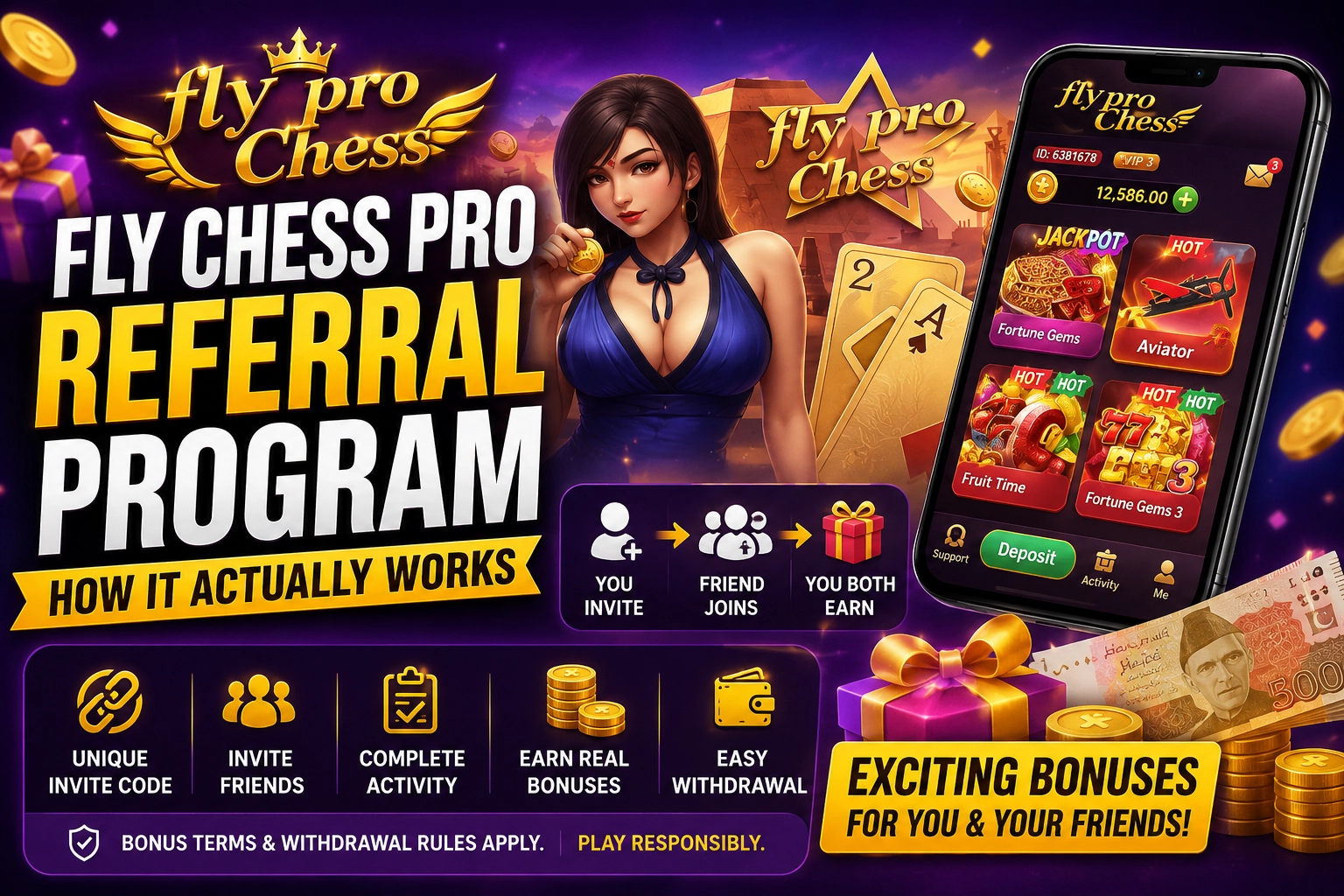 Flying Chess Pro Referral Program featured image showing a mobile app referral screen, invite code, bonus rewards, gift boxes, coins, and Pakistani currency with the text "How It Actually Works."