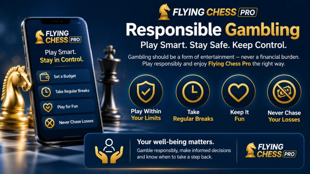 Banner promoting responsible gambling with Flying Chess Pro, highlighting budgeting, taking breaks, playing within limits, and avoiding chasing losses.
