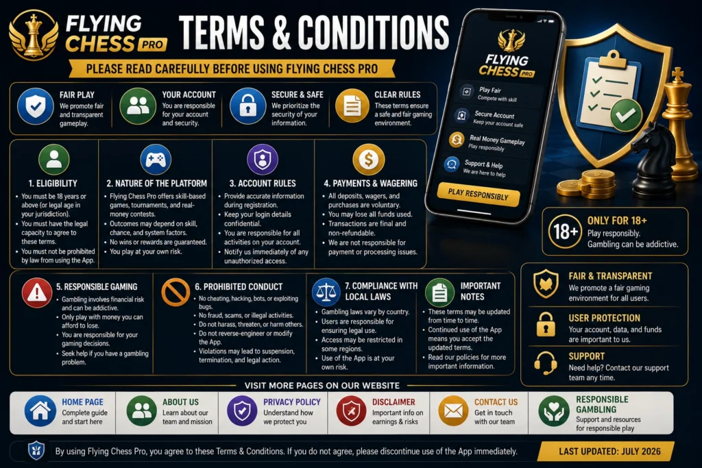 Flying Chess Pro Terms and Conditions explaining eligibility requirements, account rules, payments, responsible gaming, prohibited conduct, and legal compliance.